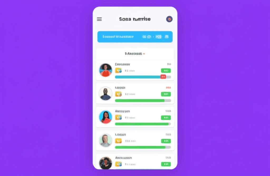 Gamified learning experience with badges, progress bars, and interactive elements